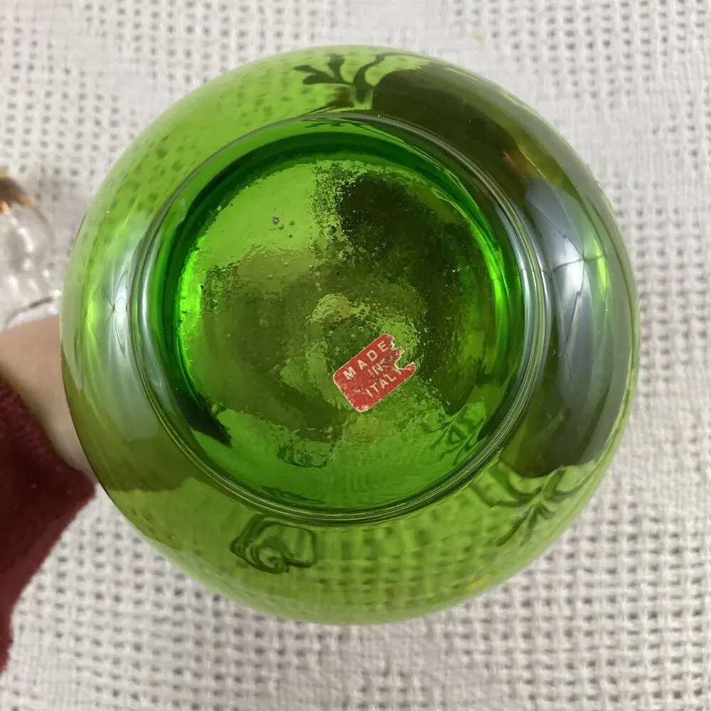 Venetian Italian Decanter Vintage Green and Gold Floral Stopper & 2 Shot Glasses